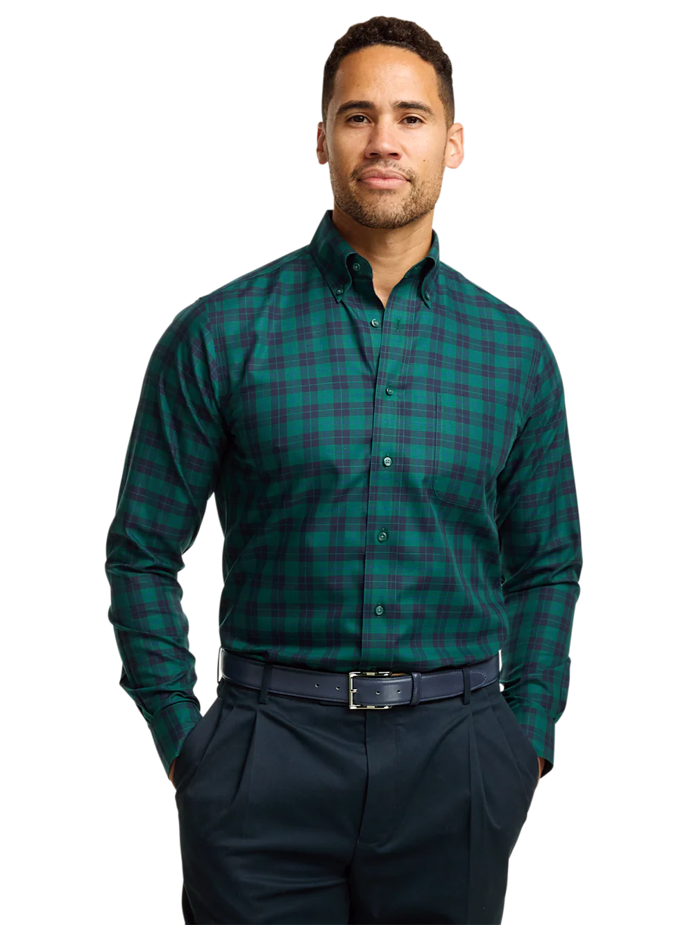 Comfort Stretch Non-Iron Plaid Dress Shirt - Navy/green - Image 2