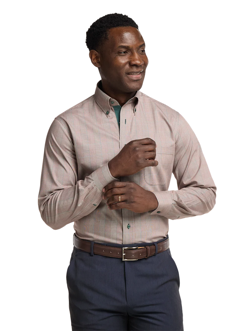 Comfort Stretch Non-Iron Plaid Dress Shirt With Contrast Trim - Brown - Image 2