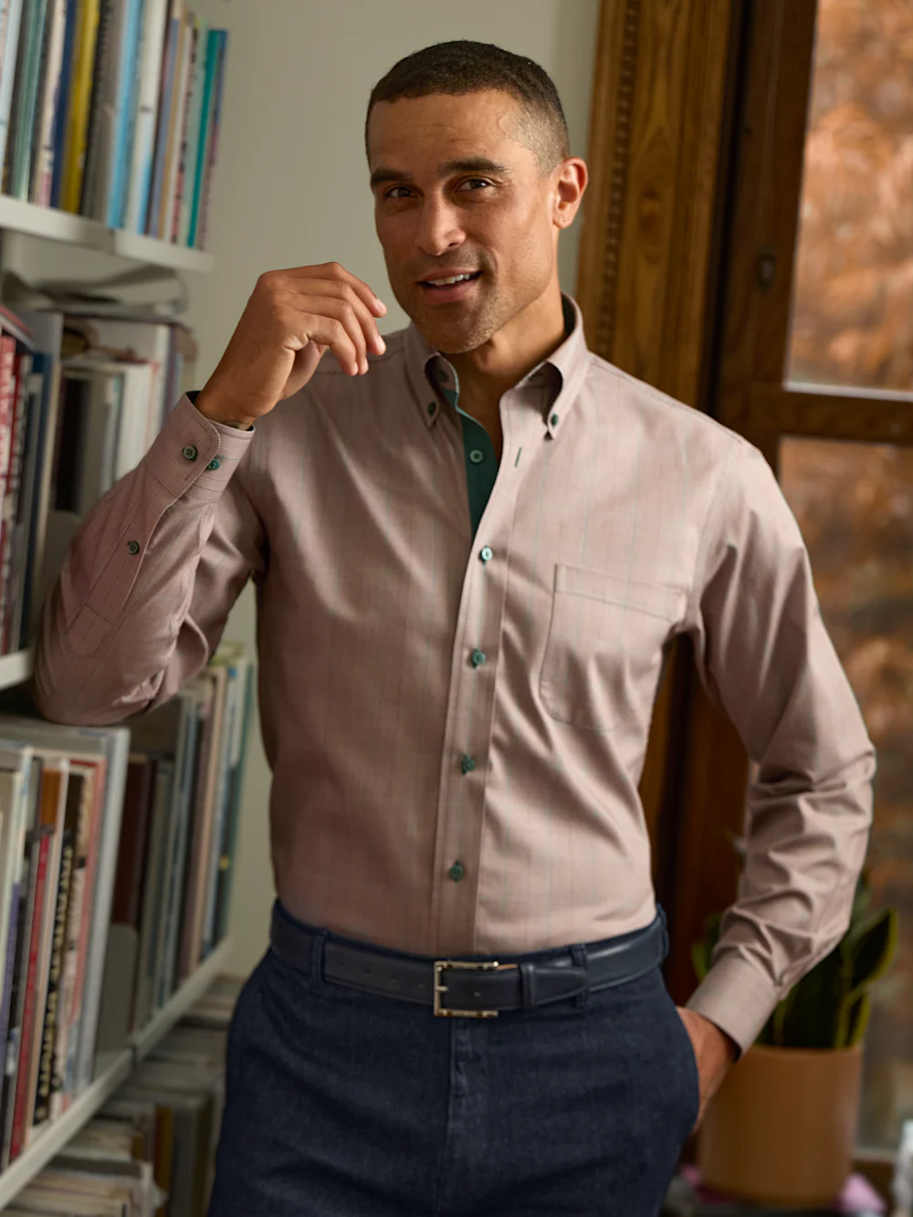 Comfort Stretch Non-Iron Plaid Dress Shirt With Contrast Trim - Brown - Image 8