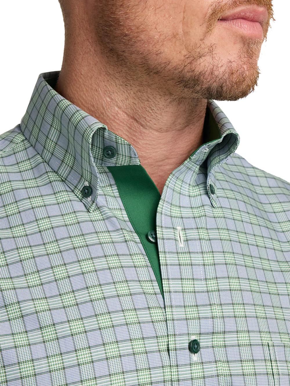 Comfort Stretch Non-Iron Plaid Dress Shirt With Contrast Trim - Green - Image 3