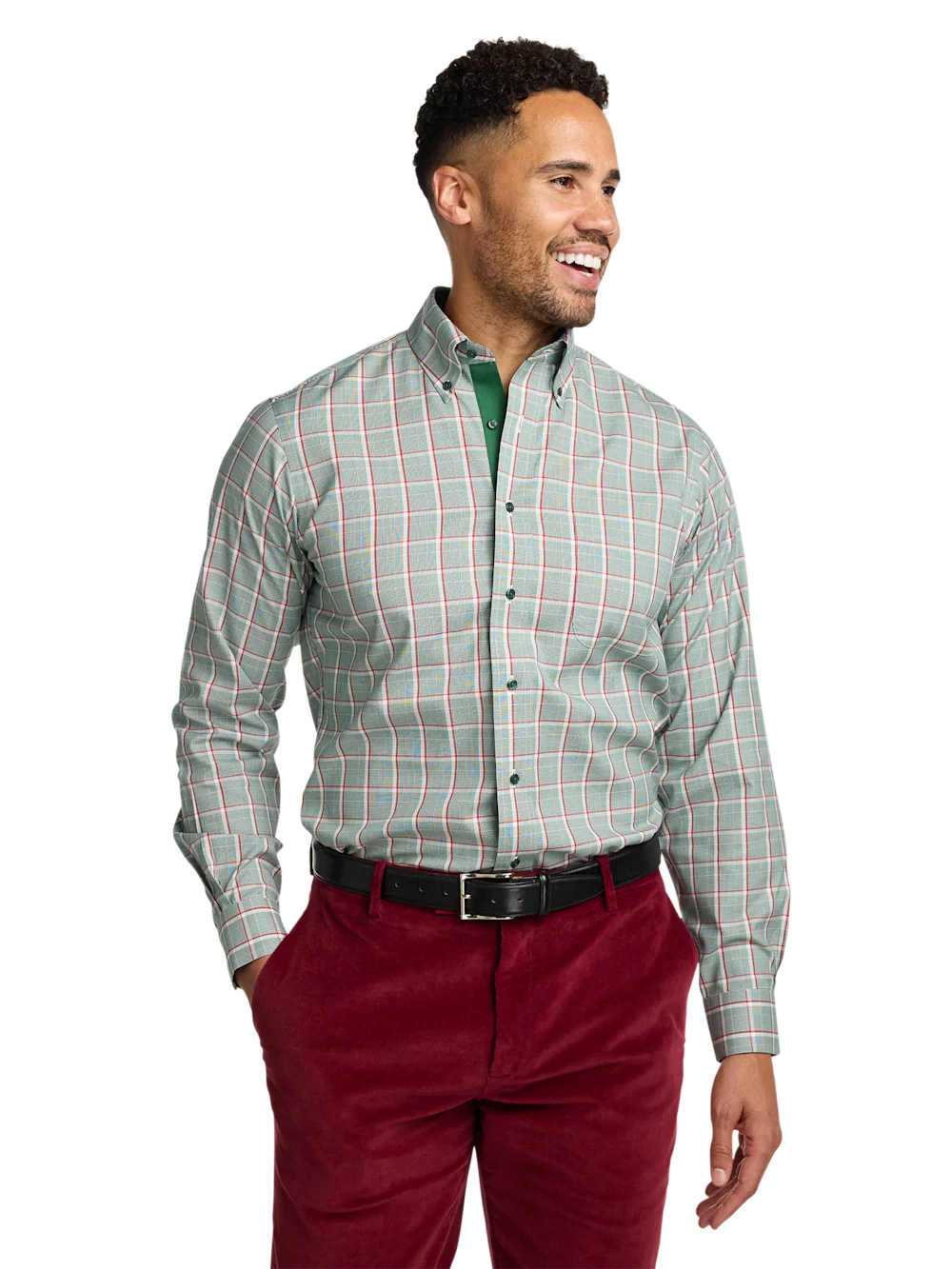 Comfort Stretch Non-Iron Plaid Dress Shirt With Contrast Trim - Green/red - Image 2