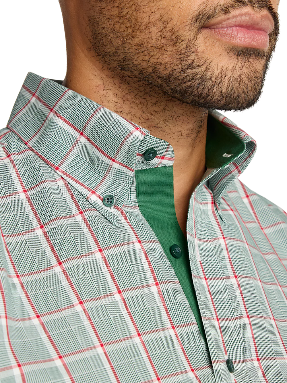 Comfort Stretch Non-Iron Plaid Dress Shirt With Contrast Trim - Green/red - Image 3