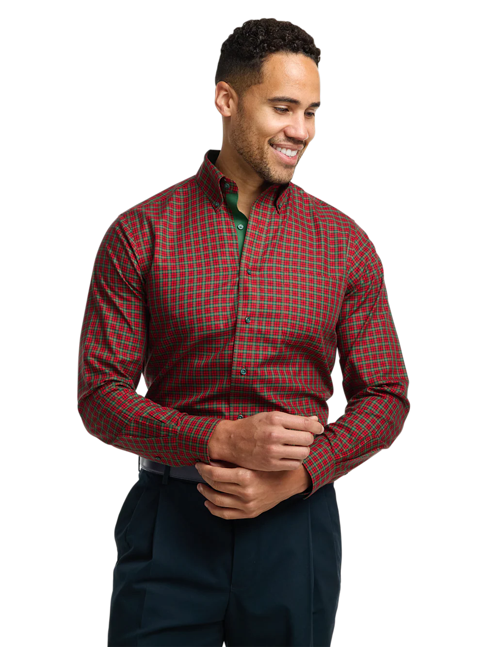 Comfort Stretch Non-Iron Plaid Dress Shirt With Contrast Trim - Red/green - Image 2