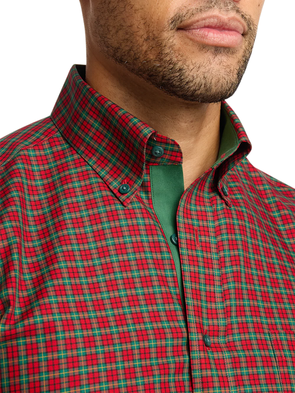 Comfort Stretch Non-Iron Plaid Dress Shirt With Contrast Trim - Red/green - Image 3