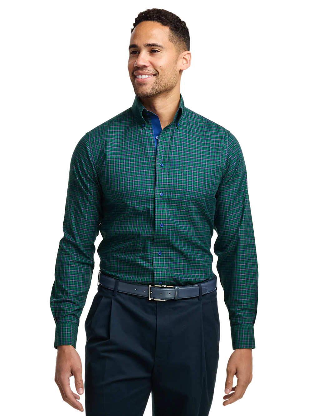 Comfort Stretch Non-Iron Plaid Dress Shirt With Contrast Trim - Green/blue - Image 2