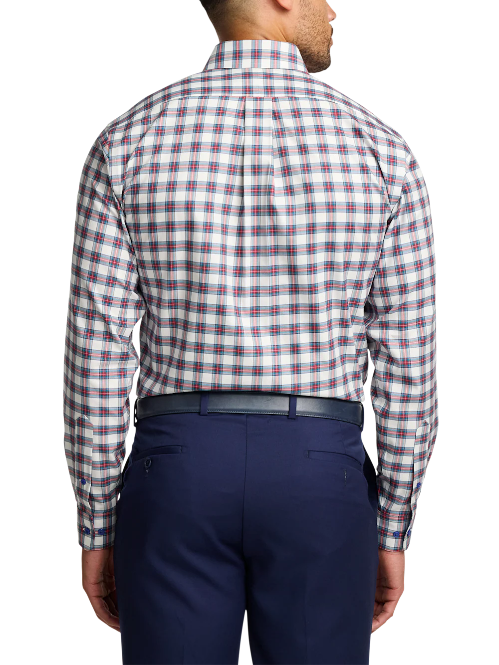 Comfort Stretch Non-Iron Plaid Dress Shirt With Contrast Trim - White Multi - Image 5