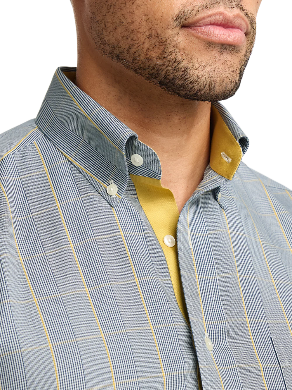 Comfort Stretch Non-Iron Plaid Dress Shirt With Contrast Trim - Navy/gold - Image 3