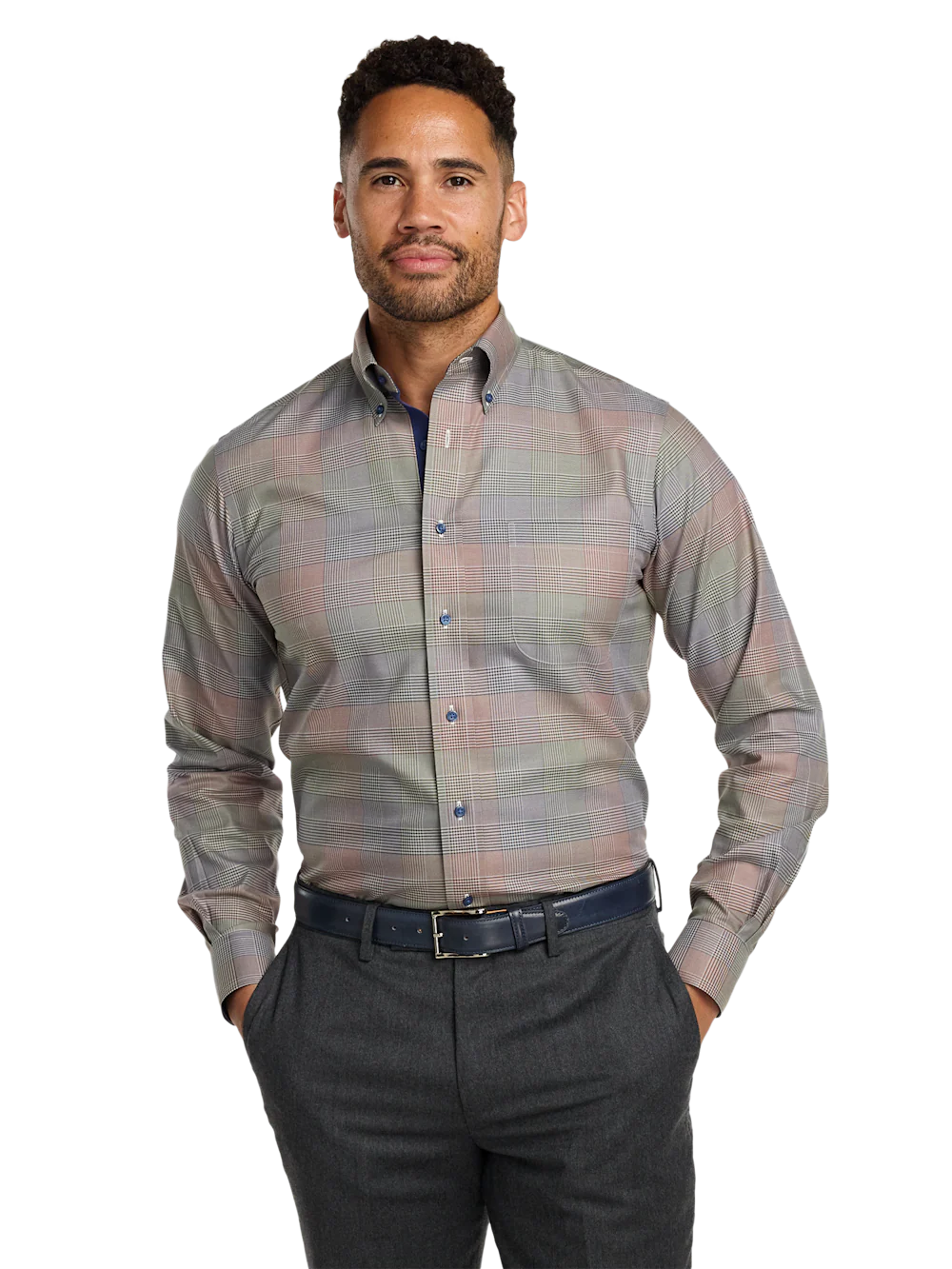 Comfort Stretch Non-Iron Plaid Dress Shirt With Contrast Trim - Multi - Image 2