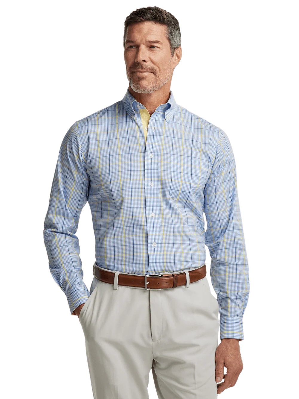 Comfort Stretch Non-Iron Plaid Dress Shirt With Contrast Trim - Blue/yellow - Image 2