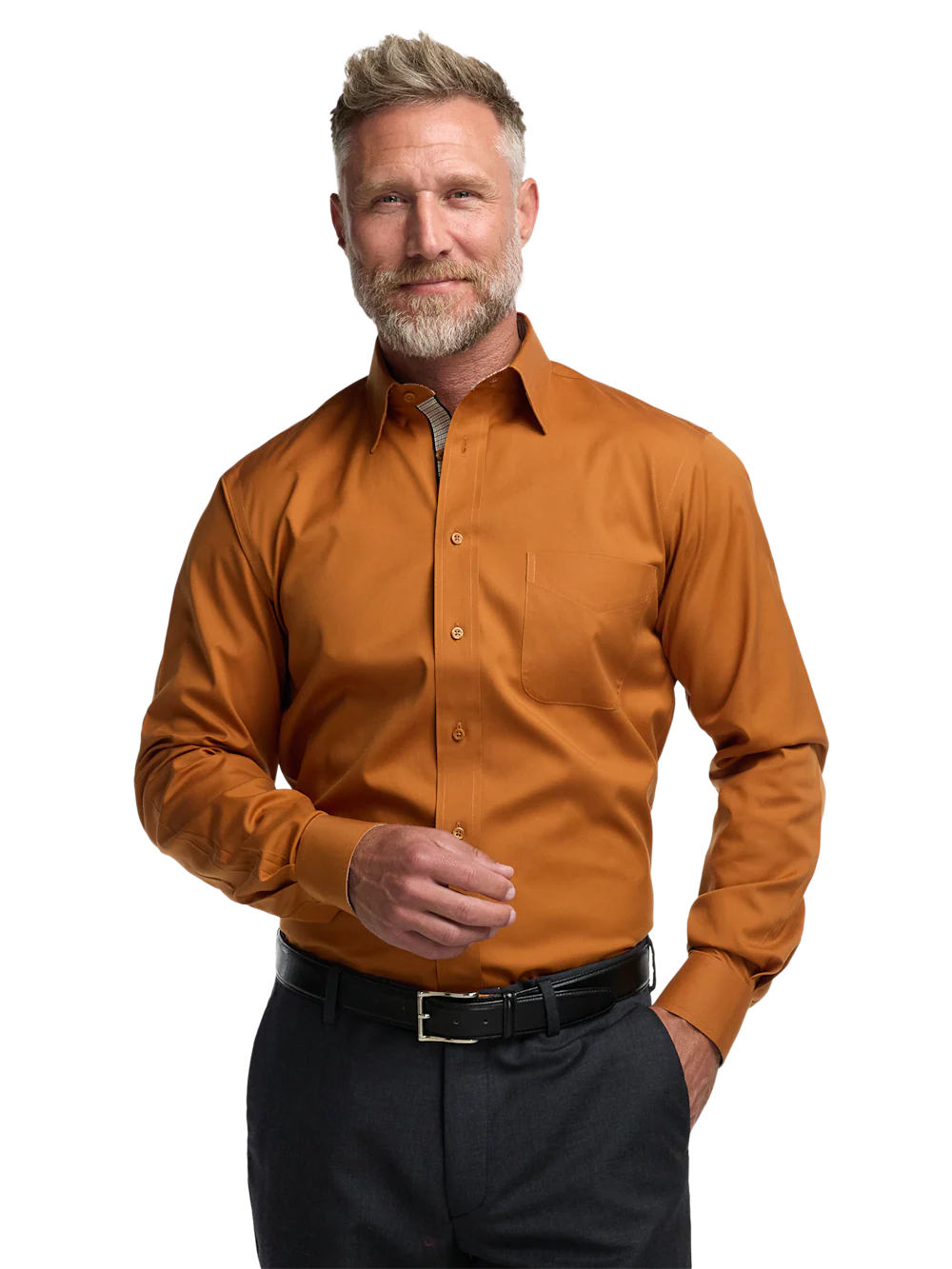 Comfort Stretch Non-Iron Solid Dress Shirt With Contrast Trim - Rust - Image 2