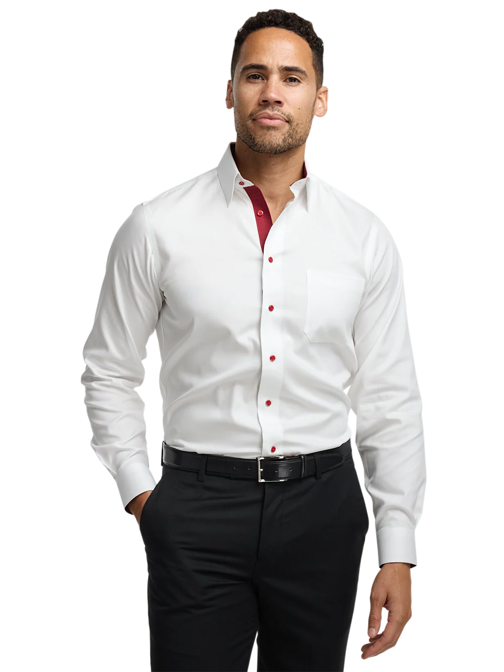Comfort Stretch Non-Iron Solid Dress Shirt With Contrast Trim - White - Image 2