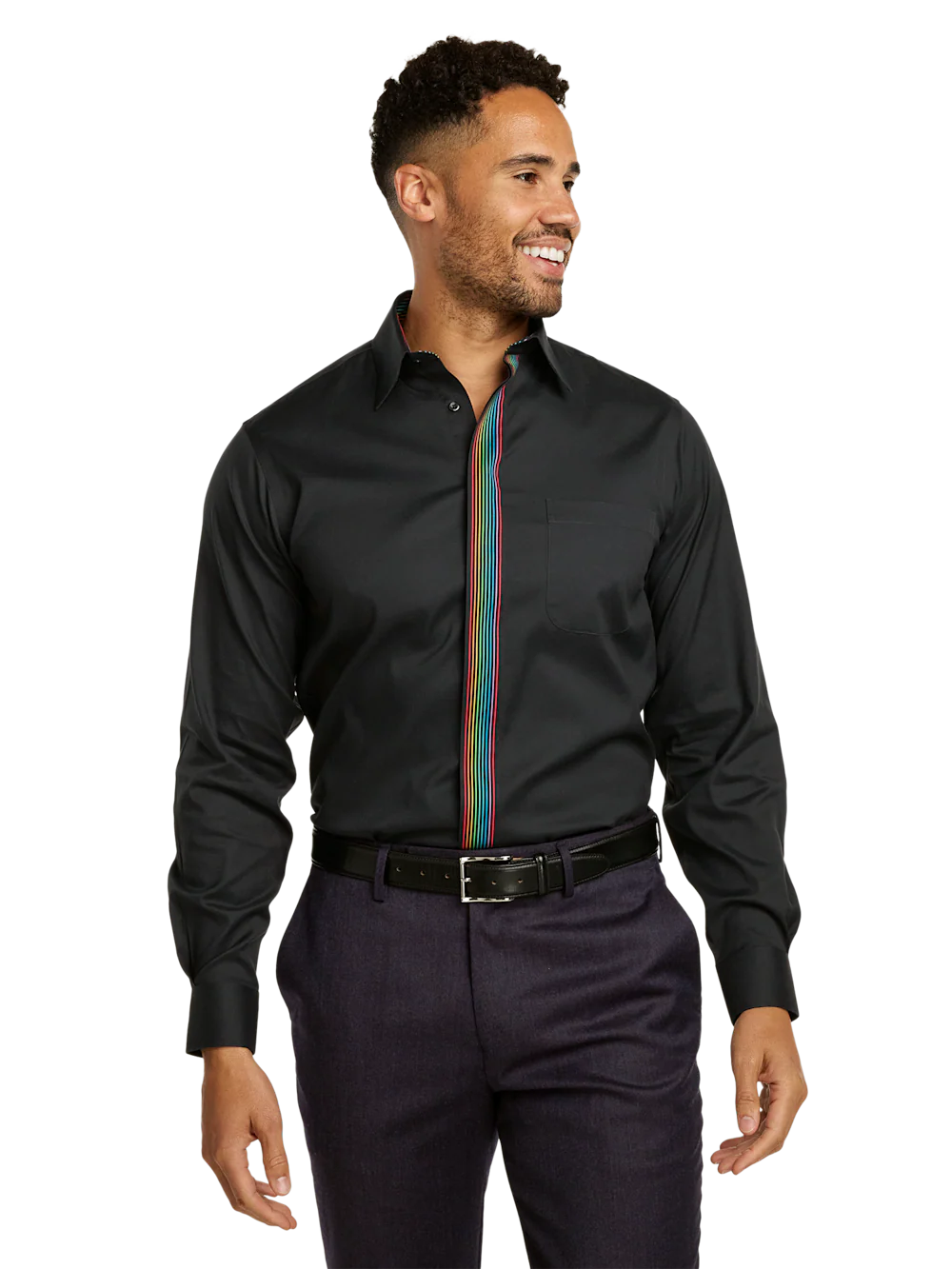 Comfort Stretch Non-Iron Solid Dress Shirt With Contrast Trim - Black Multi - Image 2