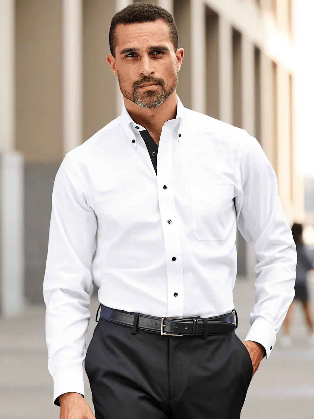 Comfort Stretch Non-Iron Solid Dress Shirt With Contrast Trim - White/black - Image 8