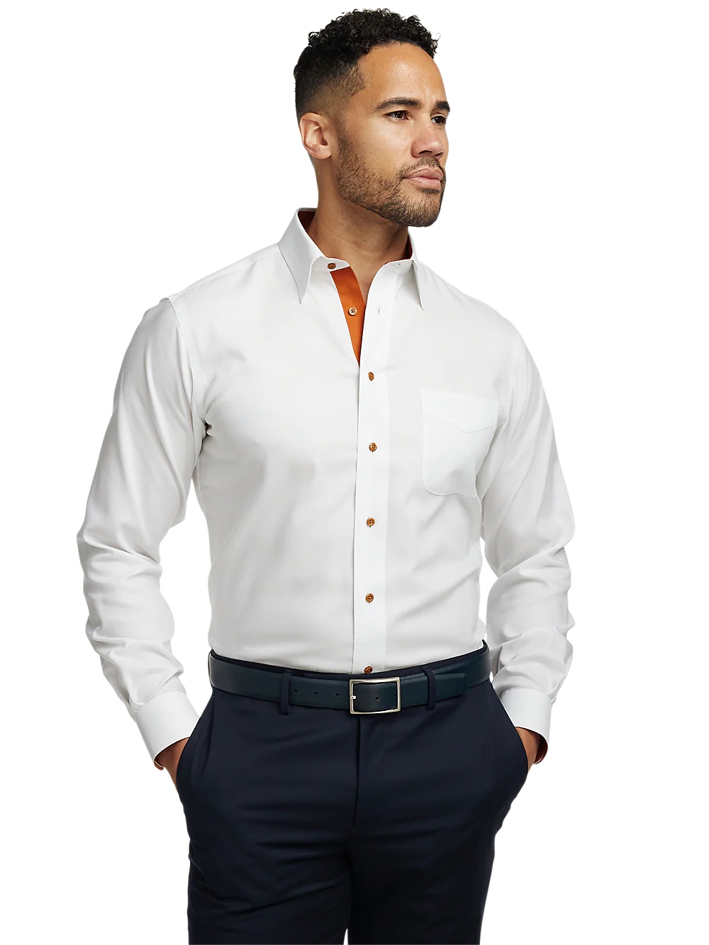 Comfort Stretch Non-Iron Solid Dress Shirt With Contrast Trim - White/rust - Image 2