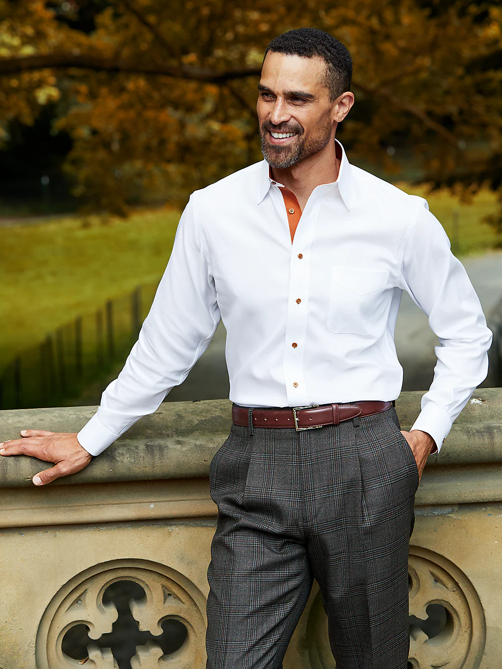 Comfort Stretch Non-Iron Solid Dress Shirt With Contrast Trim - White/rust - Image 8