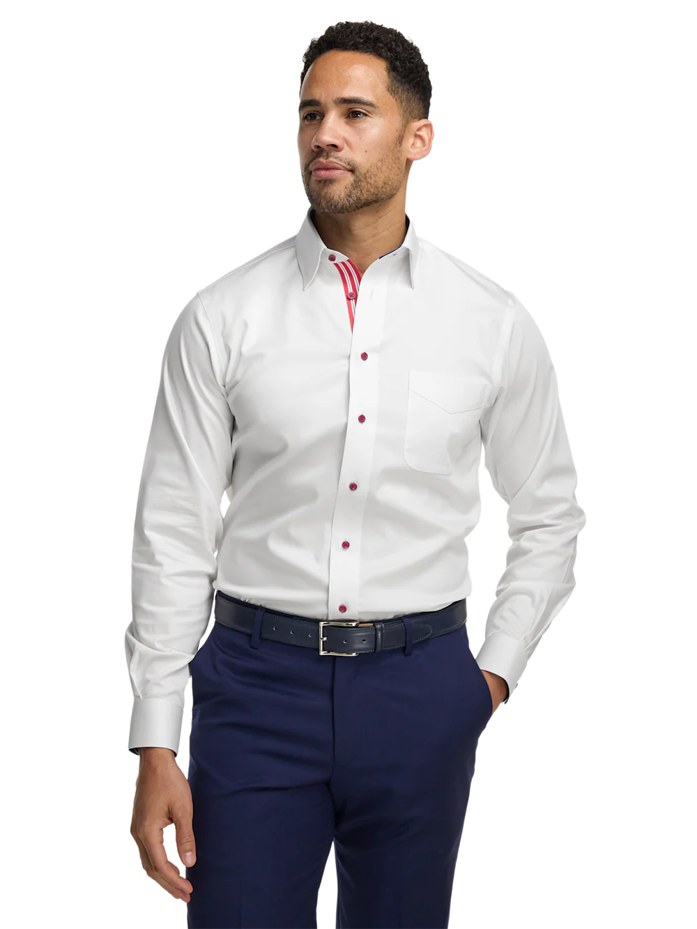 Comfort Stretch Non-Iron Solid Dress Shirt With Contrast Trim - White - Image 2