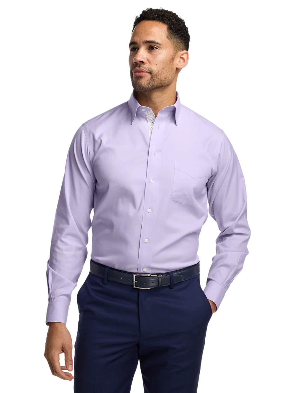Comfort Stretch Non-Iron Solid Dress Shirt With Contrast Trim - Purple - Image 2