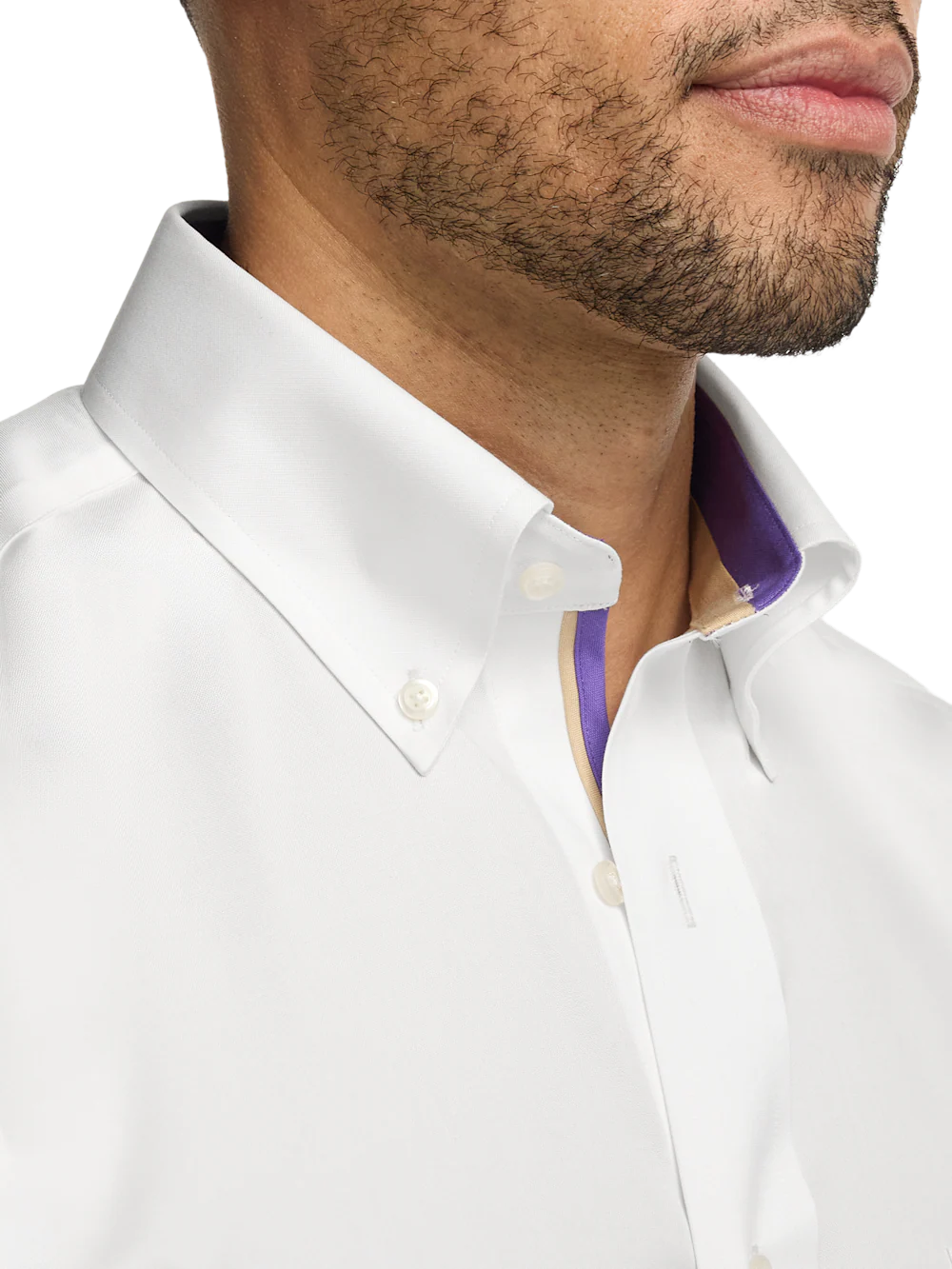Comfort Stretch Non-Iron Solid Dress Shirt With Contrast Trim - White - Image 3