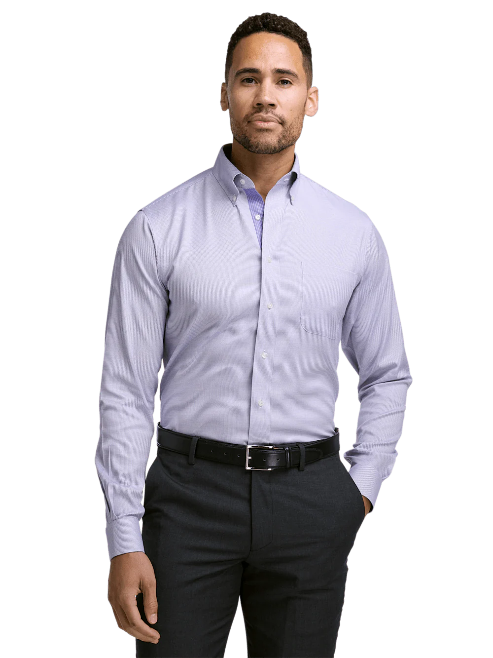 Comfort Stretch Non-Iron Solid Dress Shirt With Contrast Trim - Purple - Image 2