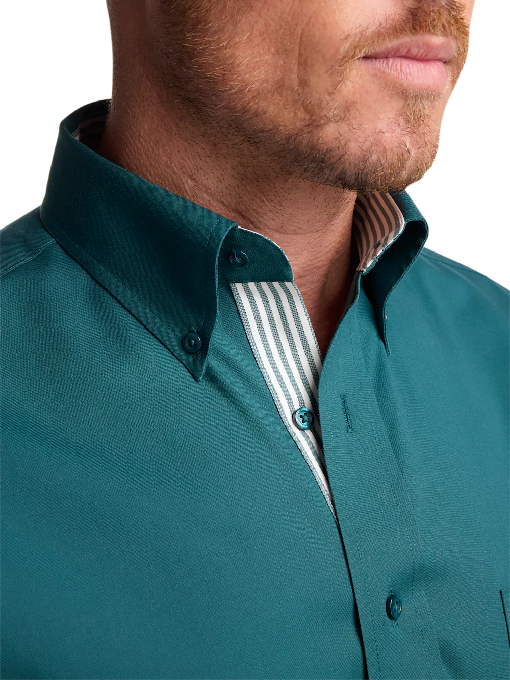 Comfort Stretch Non-Iron Solid Dress Shirt With Contrast Trim - Dark Teal - Image 3