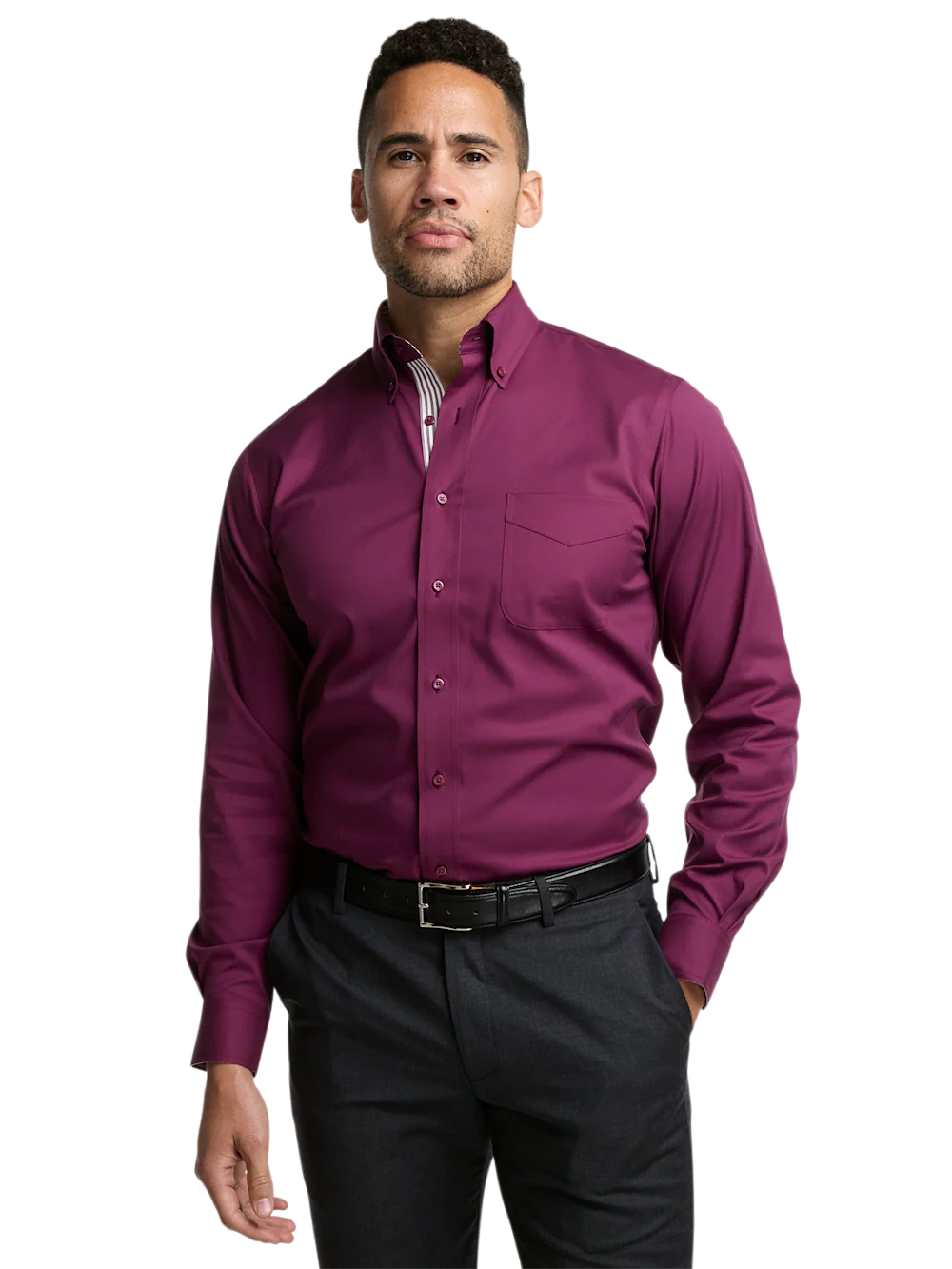 Comfort Stretch Non-Iron Solid Dress Shirt With Contrast Trim - Burgundy - Image 2