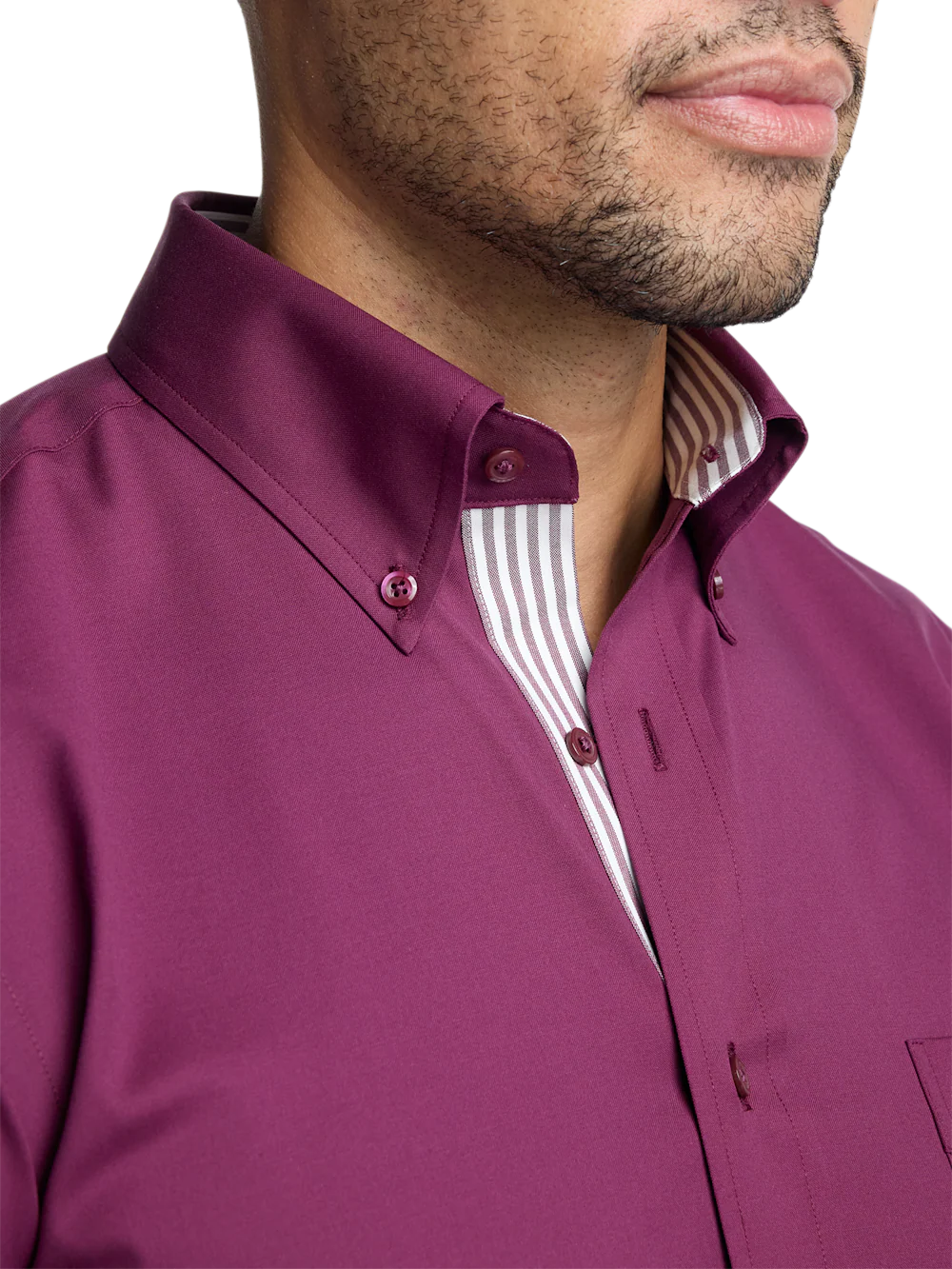 Comfort Stretch Non-Iron Solid Dress Shirt With Contrast Trim - Burgundy - Image 3