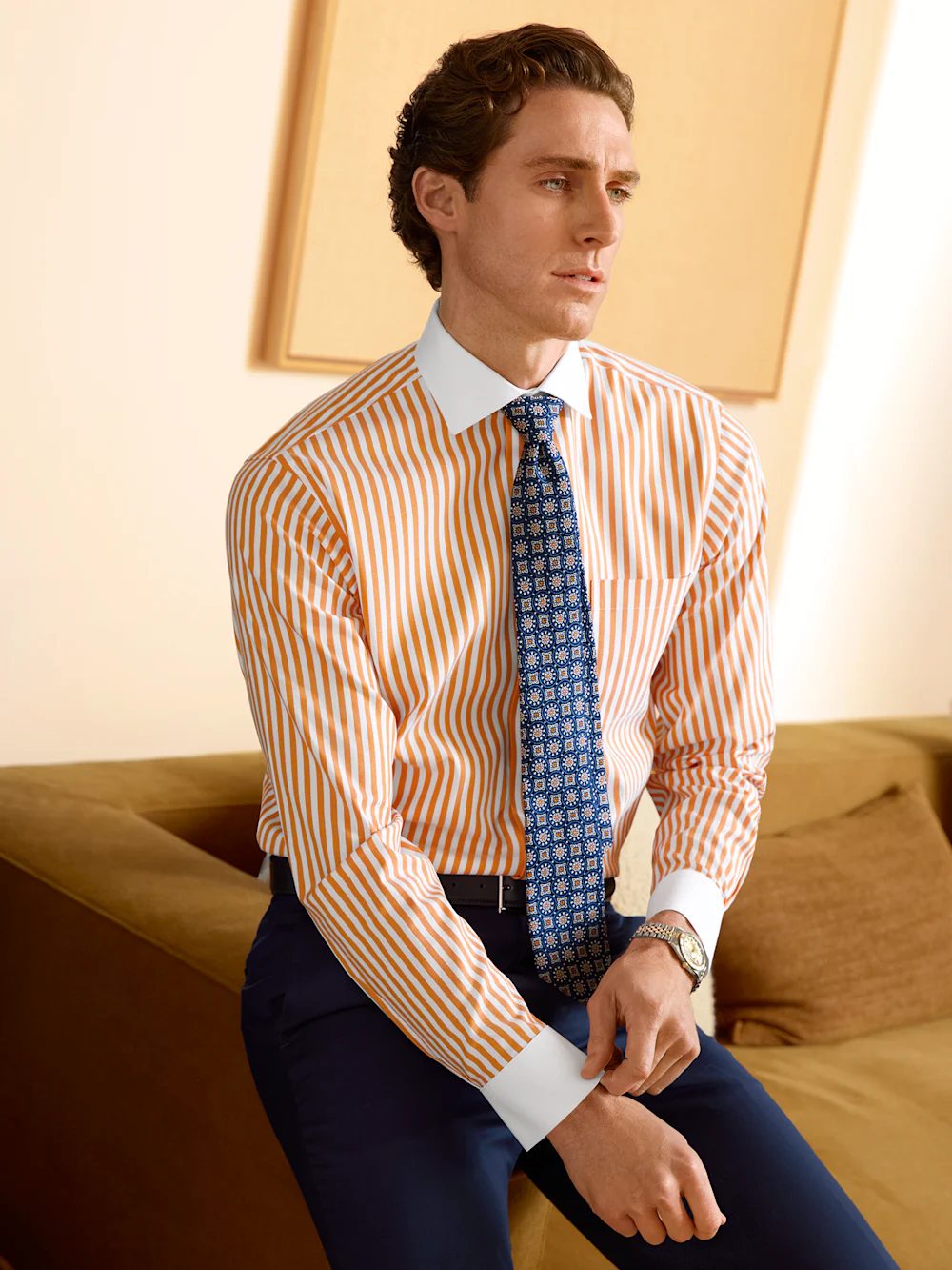 Comfort Stretch Non-Iron Stripe Dress Shirt - White/melon - Image 7