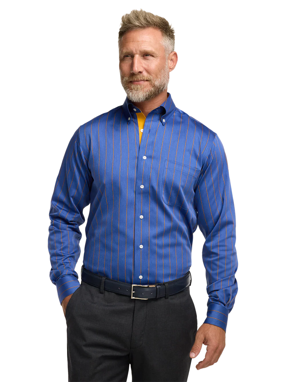 Comfort Stretch Non-Iron Stripe Dress Shirt With Contrast Trim - Navy/gold - Image 2