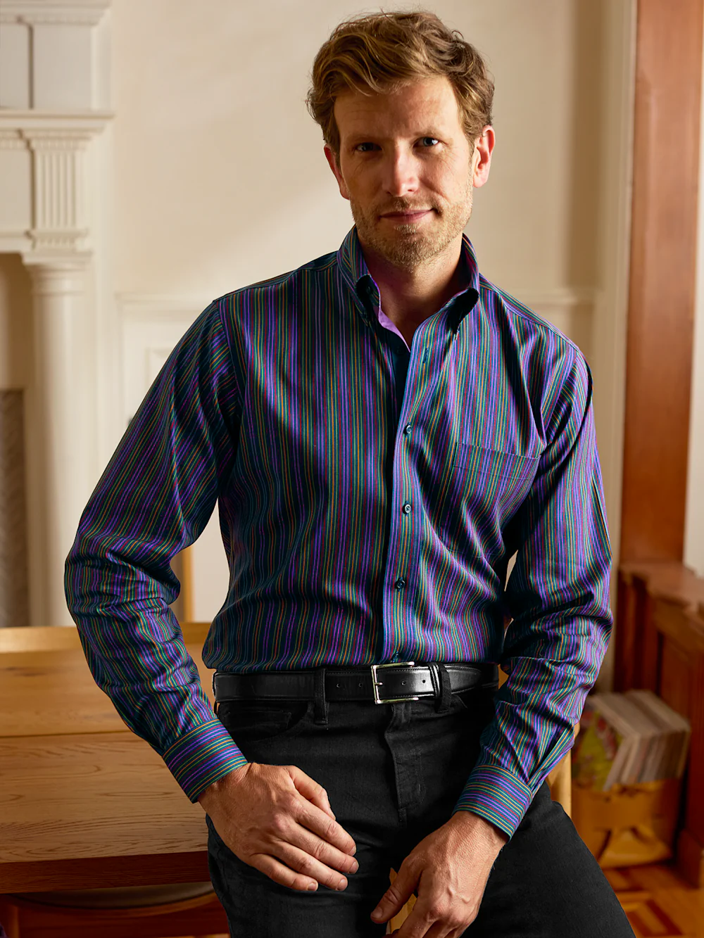 Comfort Stretch Non-Iron Stripe Dress Shirt With Contrast Trim - Multi - Image 8