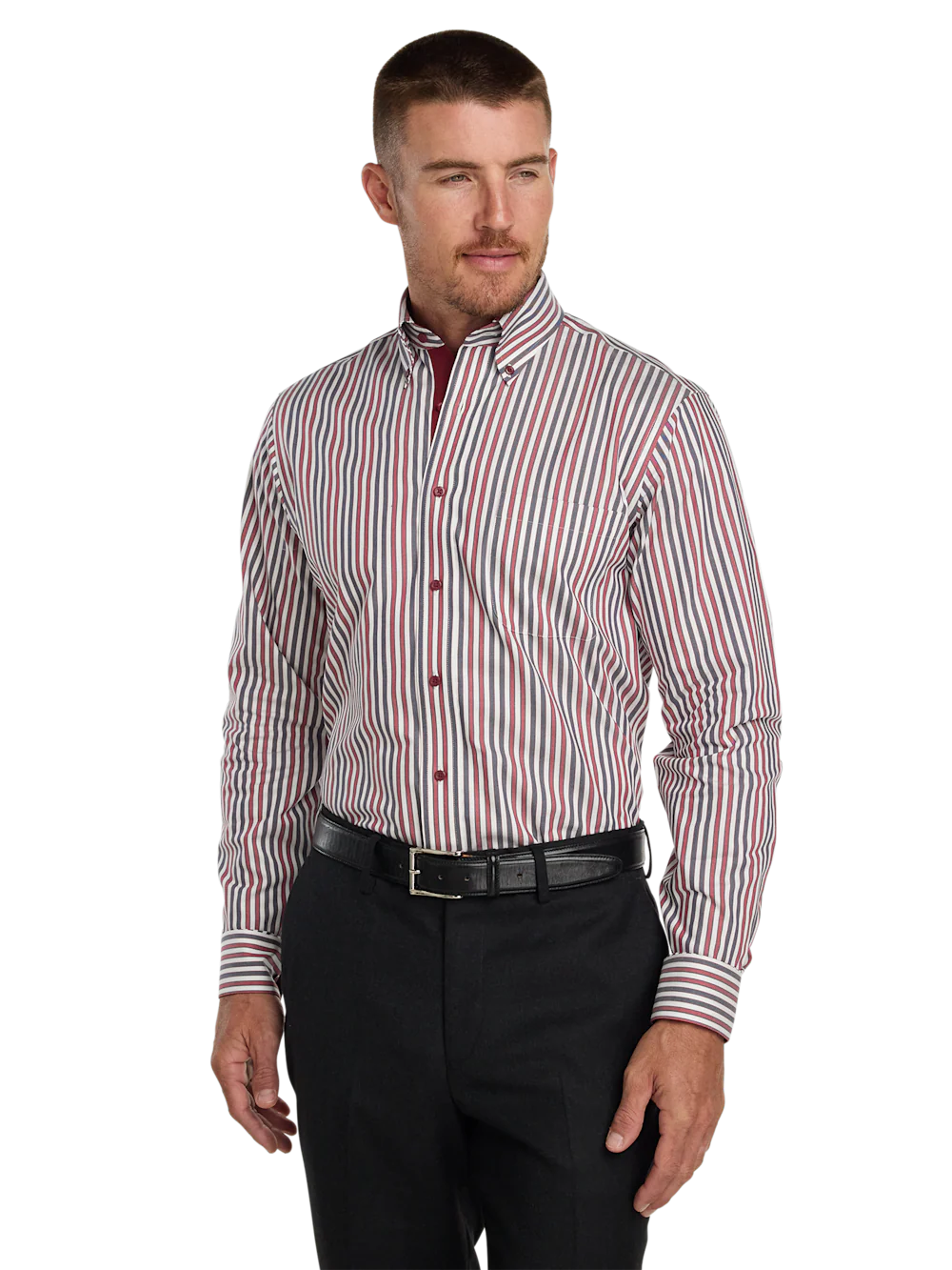 Comfort Stretch Non-Iron Stripe Dress Shirt With Contrast Trim - Navy/red - Image 2