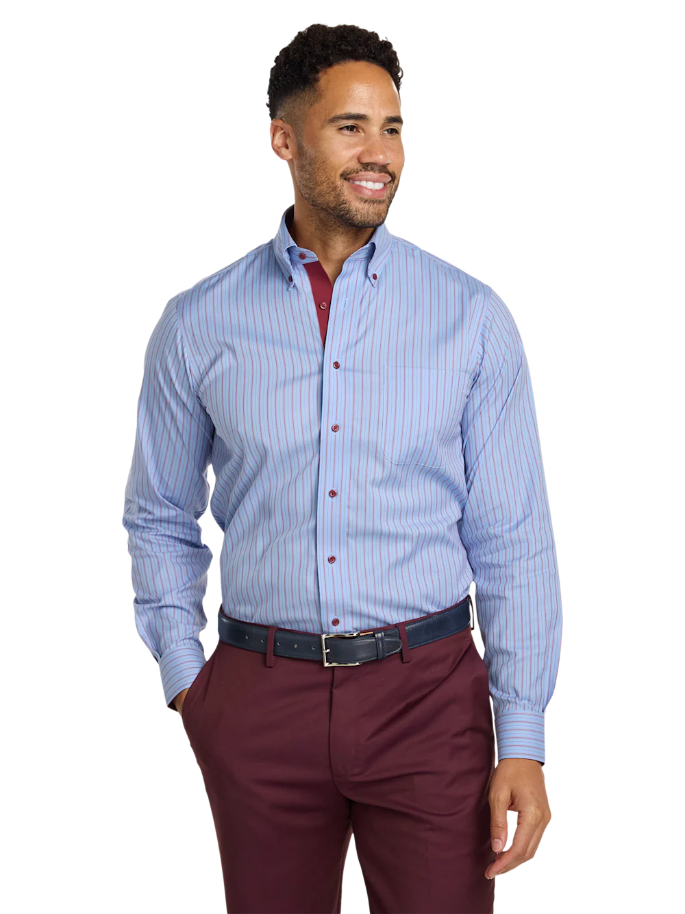 Comfort Stretch Non-Iron Stripe Dress Shirt With Contrast Trim - Blue/red - Image 2