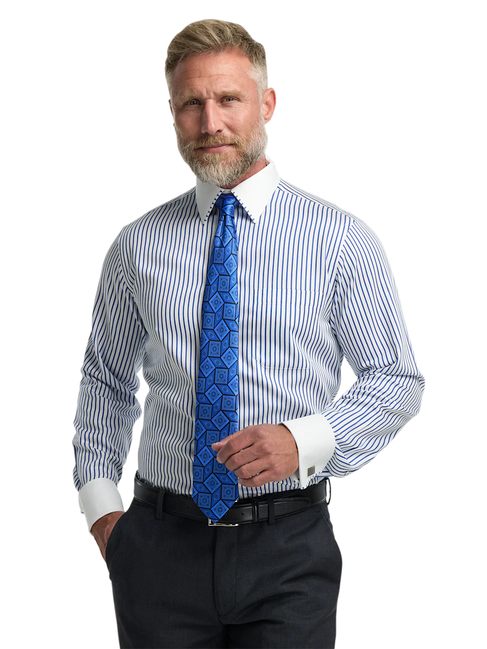 Comfort Stretch Non-Iron Stripe Dress Shirt With Contrast Trim - Blue - Image 2