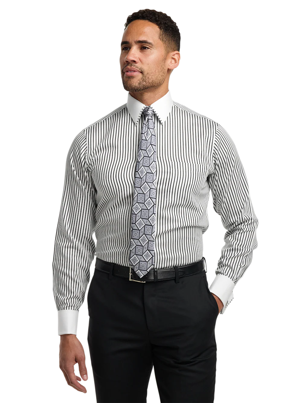 Comfort Stretch Non-Iron Stripe Dress Shirt With Contrast Trim - Black - Image 2