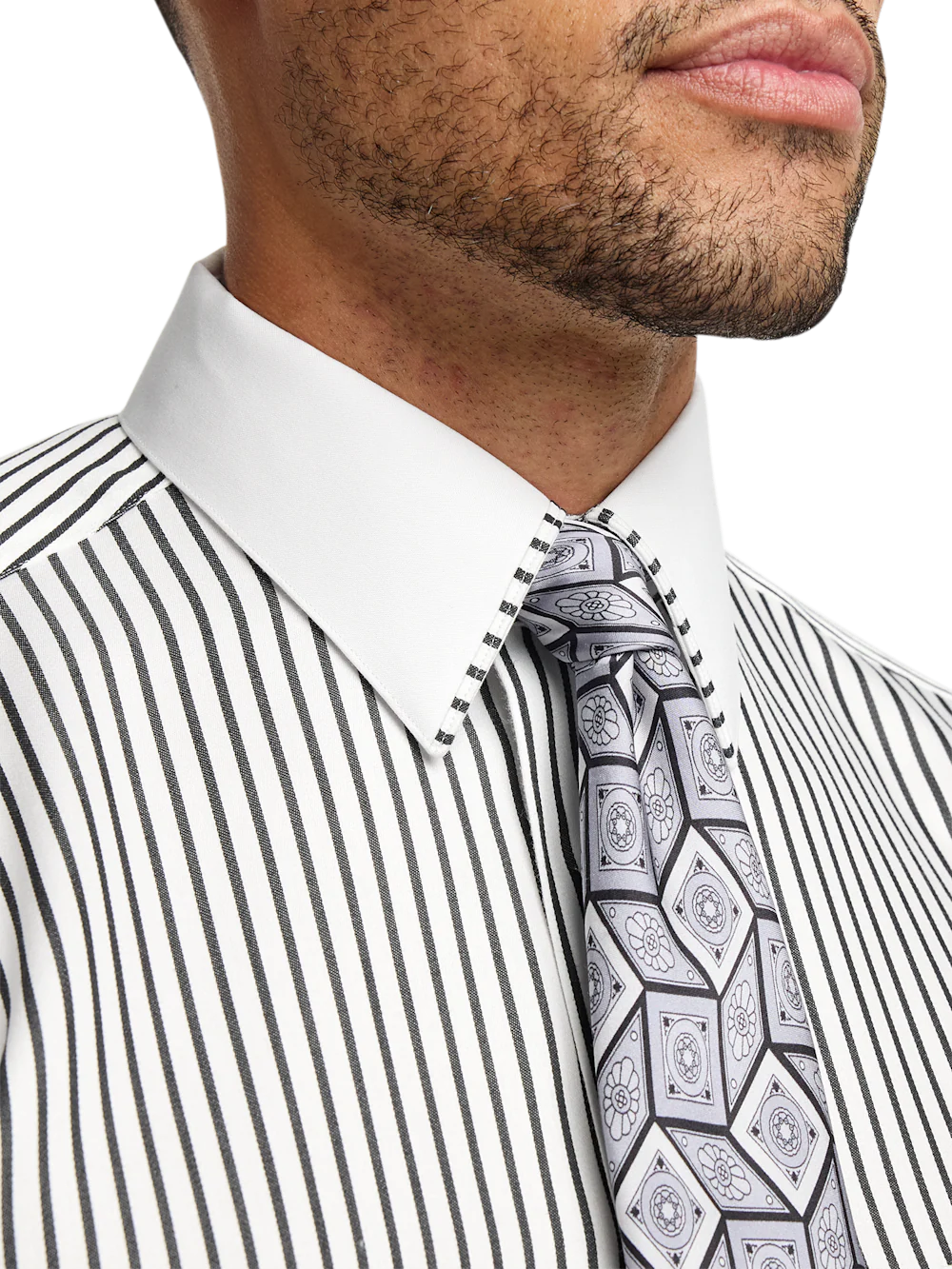 Comfort Stretch Non-Iron Stripe Dress Shirt With Contrast Trim - Black - Image 3
