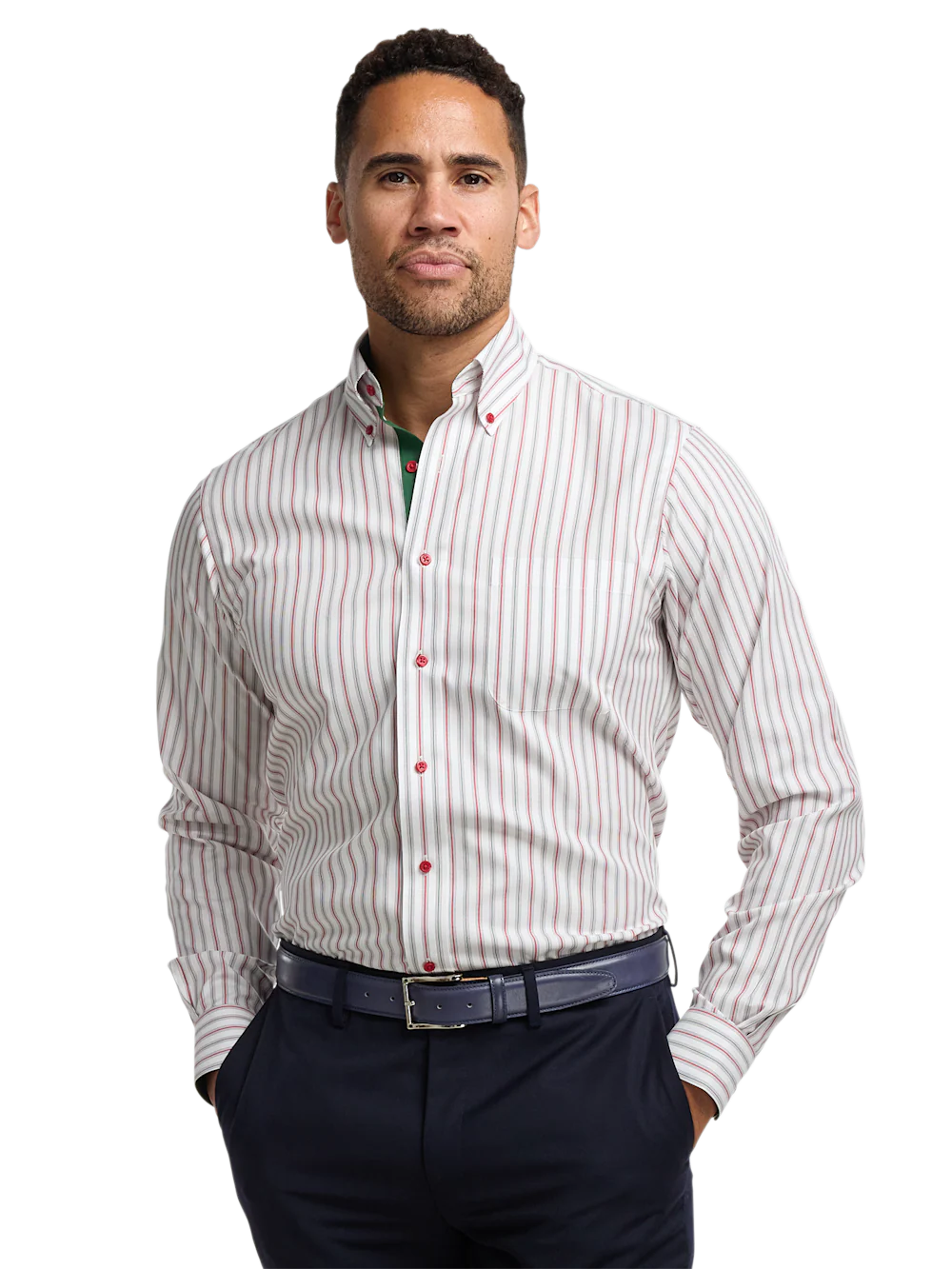 Comfort Stretch Non-Iron Stripe Dress Shirt With Contrast Trim - Red/green - Image 2