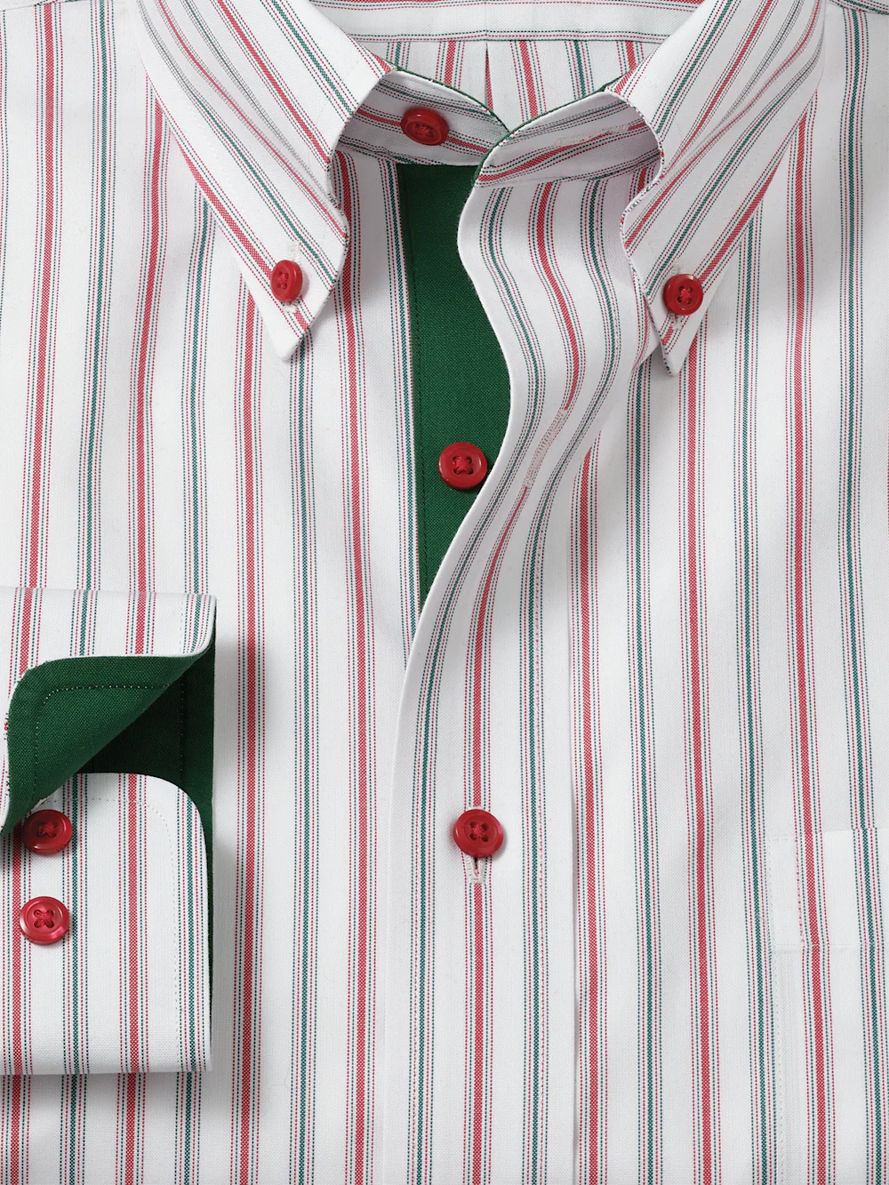Comfort Stretch Non-Iron Stripe Dress Shirt With Contrast Trim - Red/green - Image 6