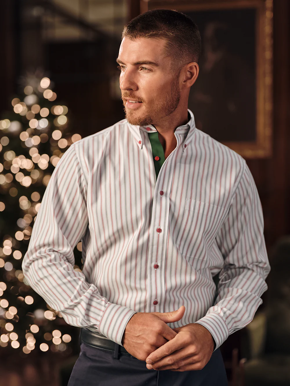 Comfort Stretch Non-Iron Stripe Dress Shirt With Contrast Trim - Red/green - Image 8