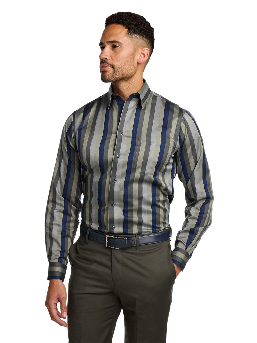 Comfort Stretch Non-Iron Stripe Dress Shirt With Contrast Trim - Olive Multi - Image 2