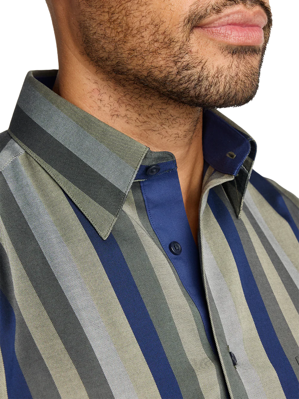 Comfort Stretch Non-Iron Stripe Dress Shirt With Contrast Trim - Olive Multi - Image 3