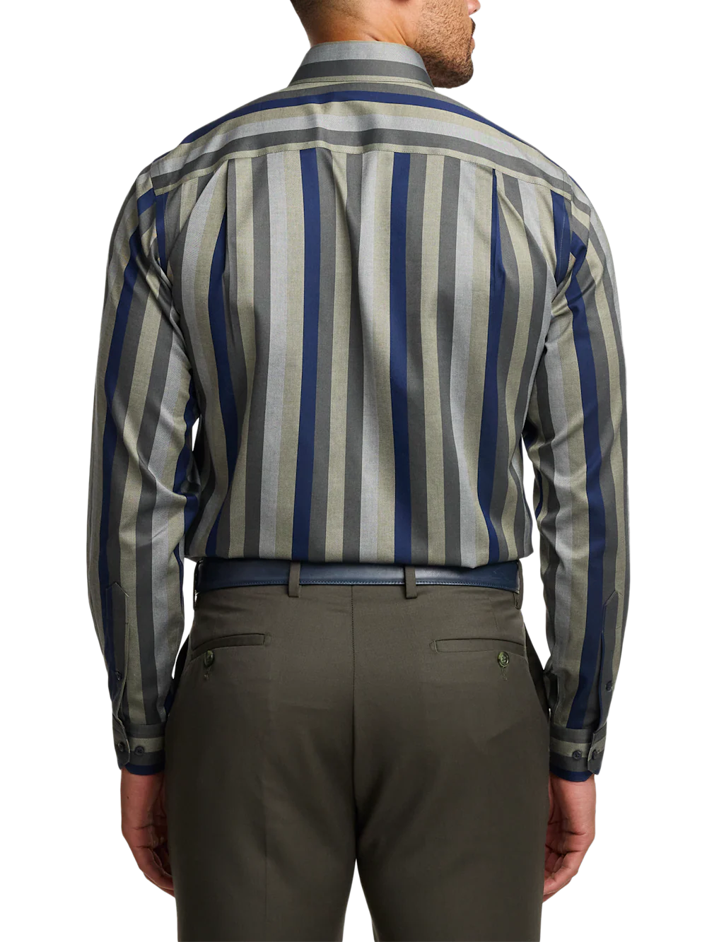 Comfort Stretch Non-Iron Stripe Dress Shirt With Contrast Trim - Olive Multi - Image 5