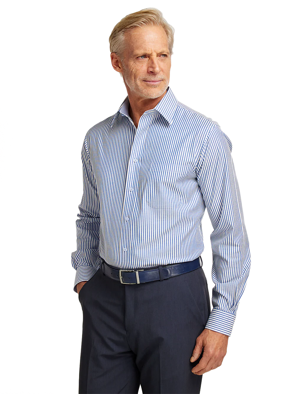 Comfort Stretch Non-Iron Stripe Dress Shirt With Contrast Trim - Cobalt - Image 2