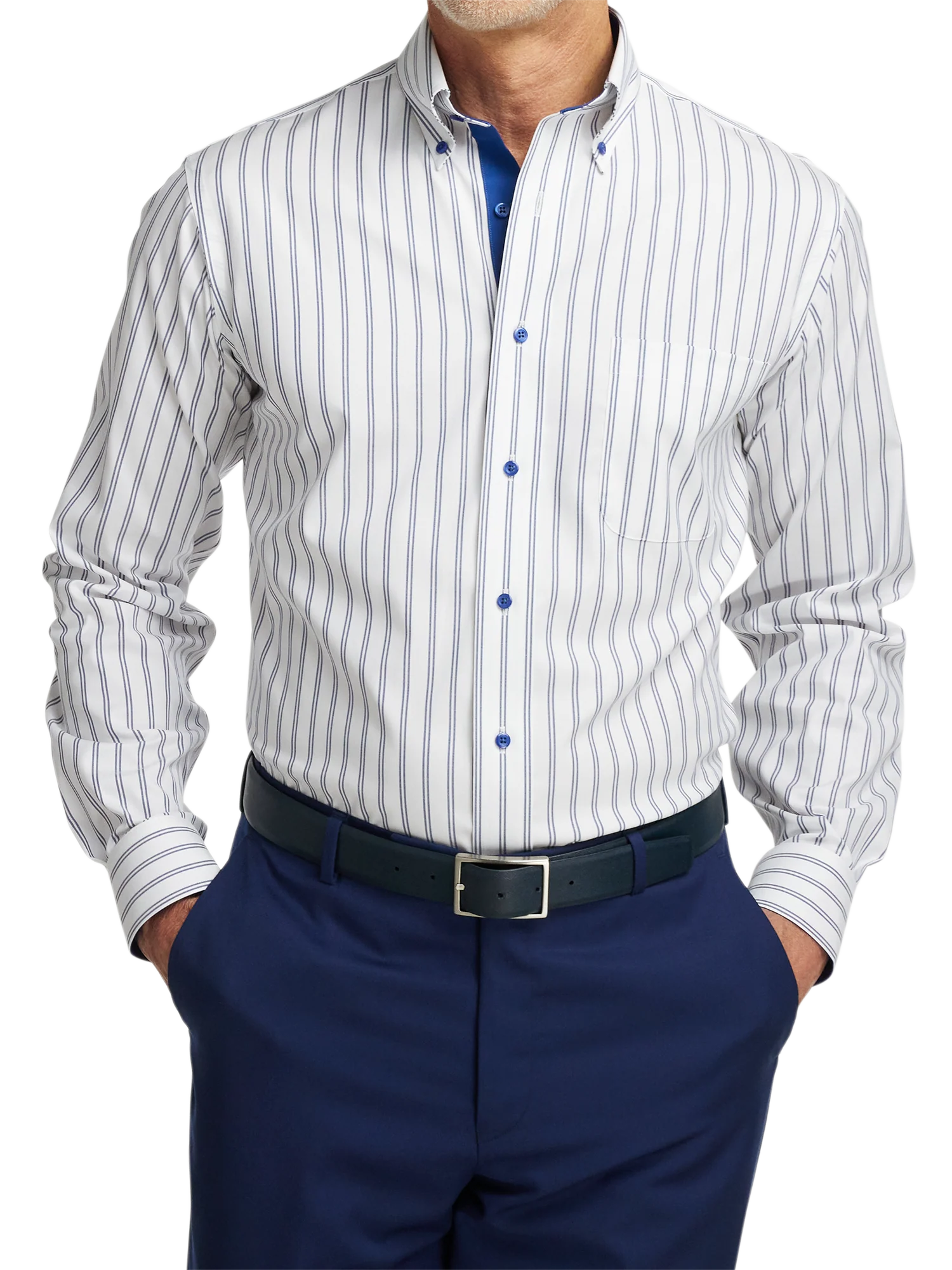 Comfort Stretch Non-Iron Stripe Dress Shirt With Contrast Trim - Cobalt - Image 2