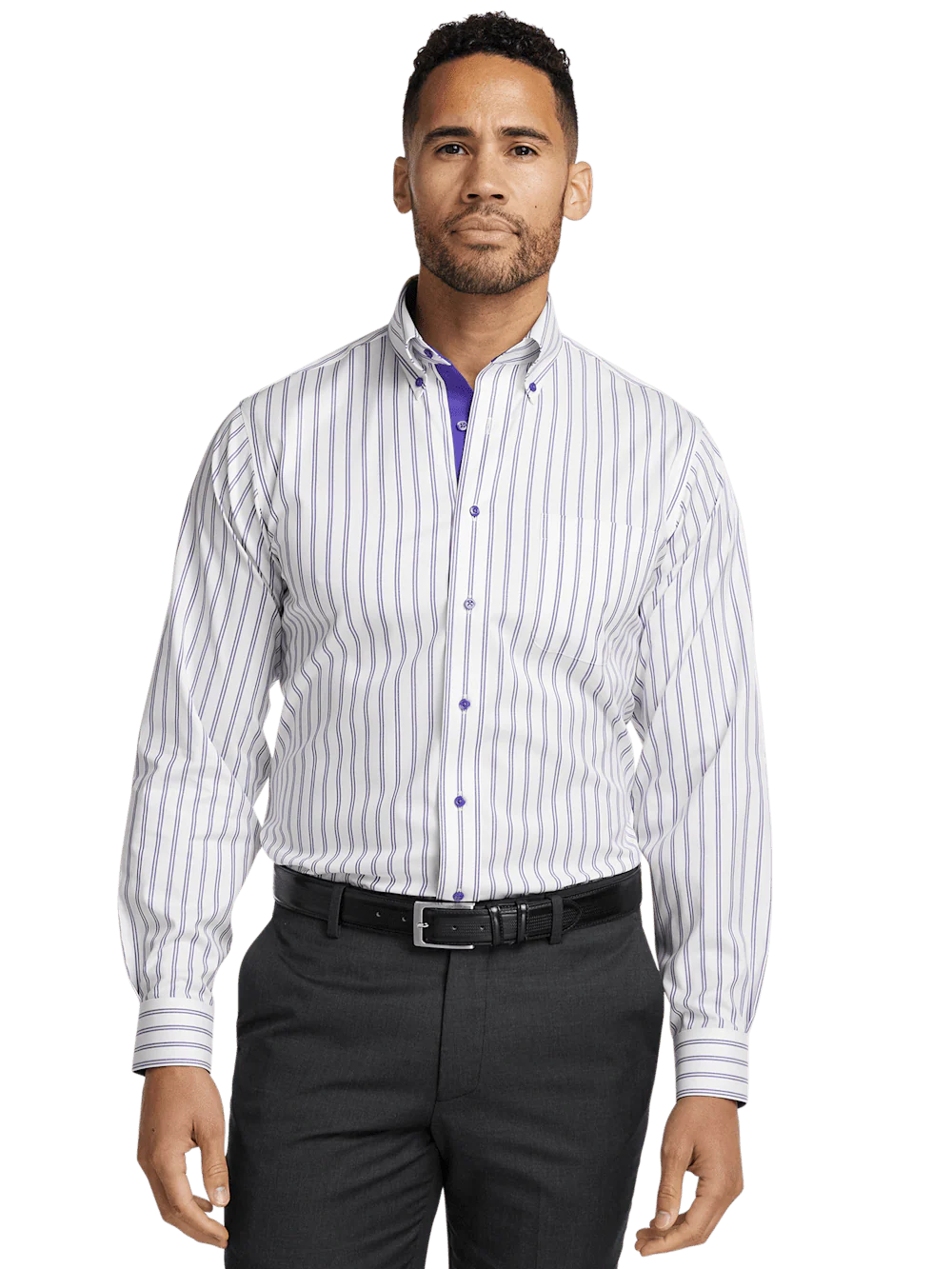 Comfort Stretch Non-Iron Stripe Dress Shirt With Contrast Trim - Purple - Image 2
