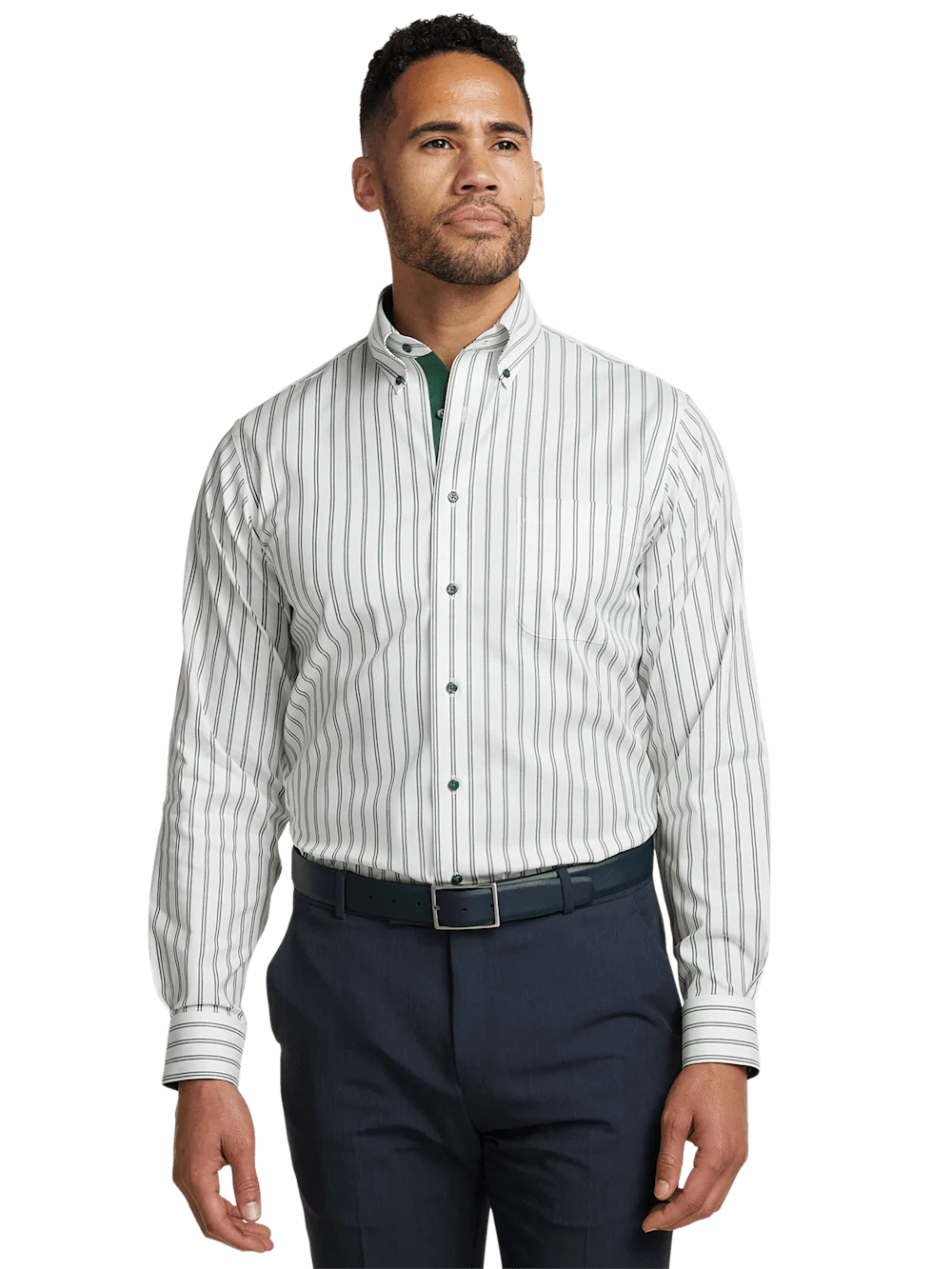Comfort Stretch Non-Iron Stripe Dress Shirt With Contrast Trim - Green - Image 2