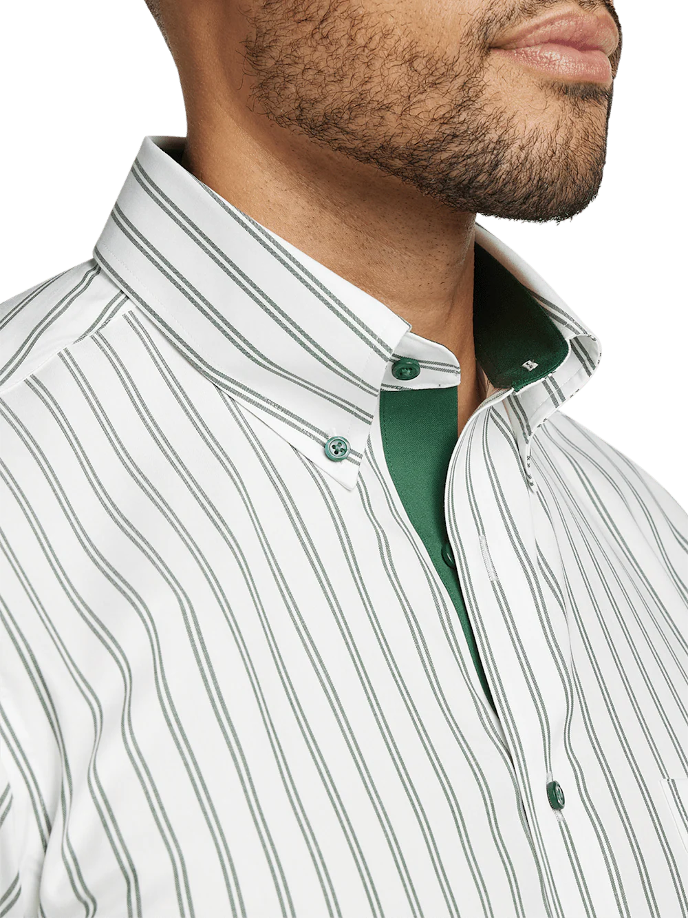Comfort Stretch Non-Iron Stripe Dress Shirt With Contrast Trim - Green - Image 3