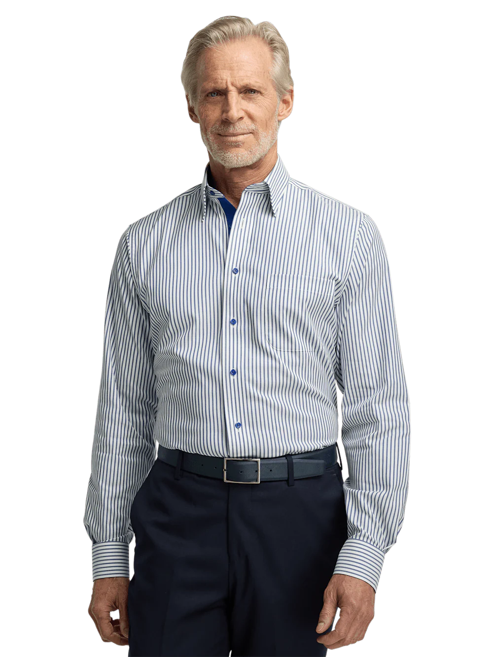 Comfort Stretch Non-Iron Stripe Dress Shirt With Contrast Trim - White/navy - Image 2