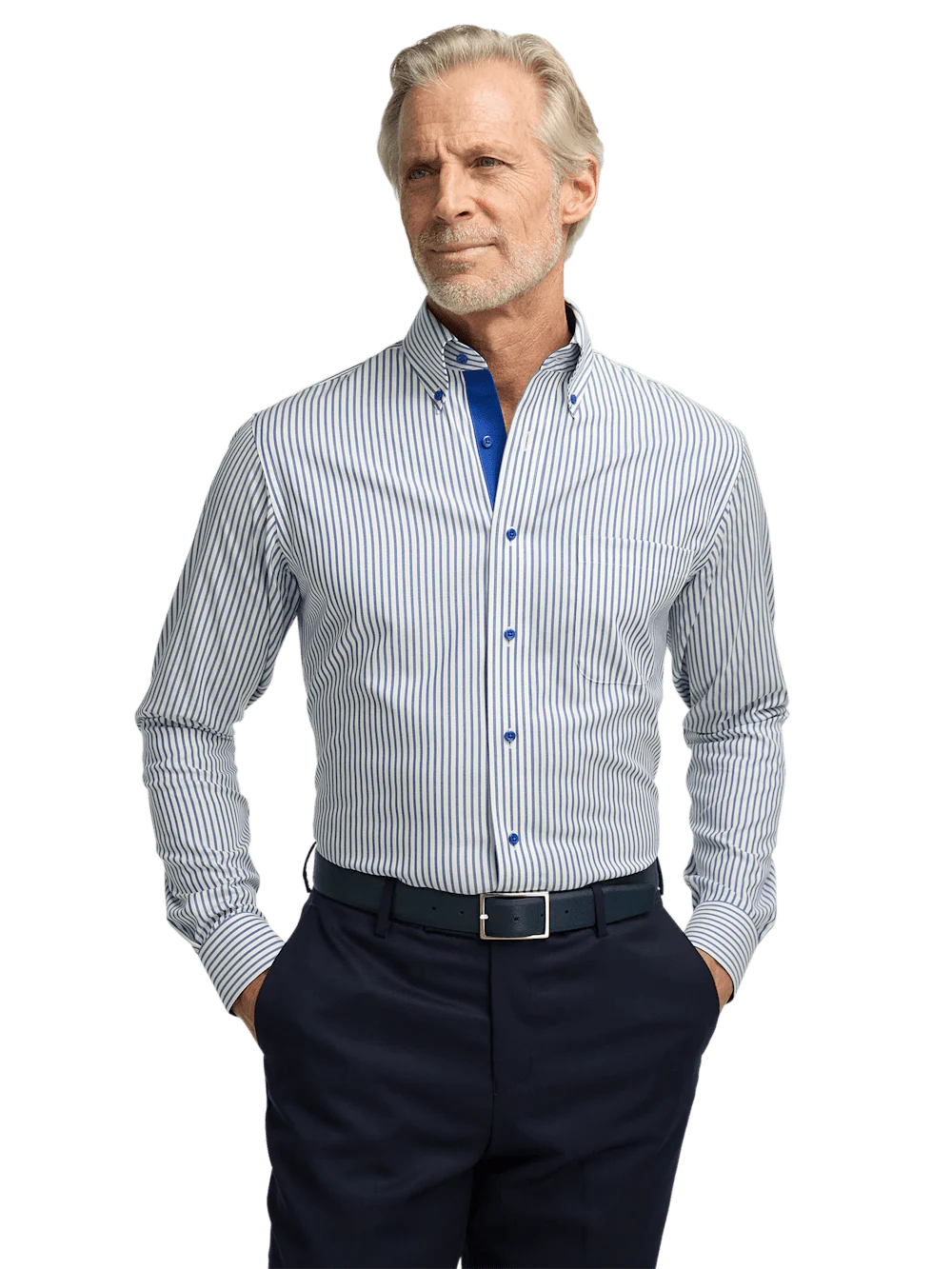 Comfort Stretch Non-Iron Stripe Dress Shirt With Contrast Trim - White/navy - Image 2