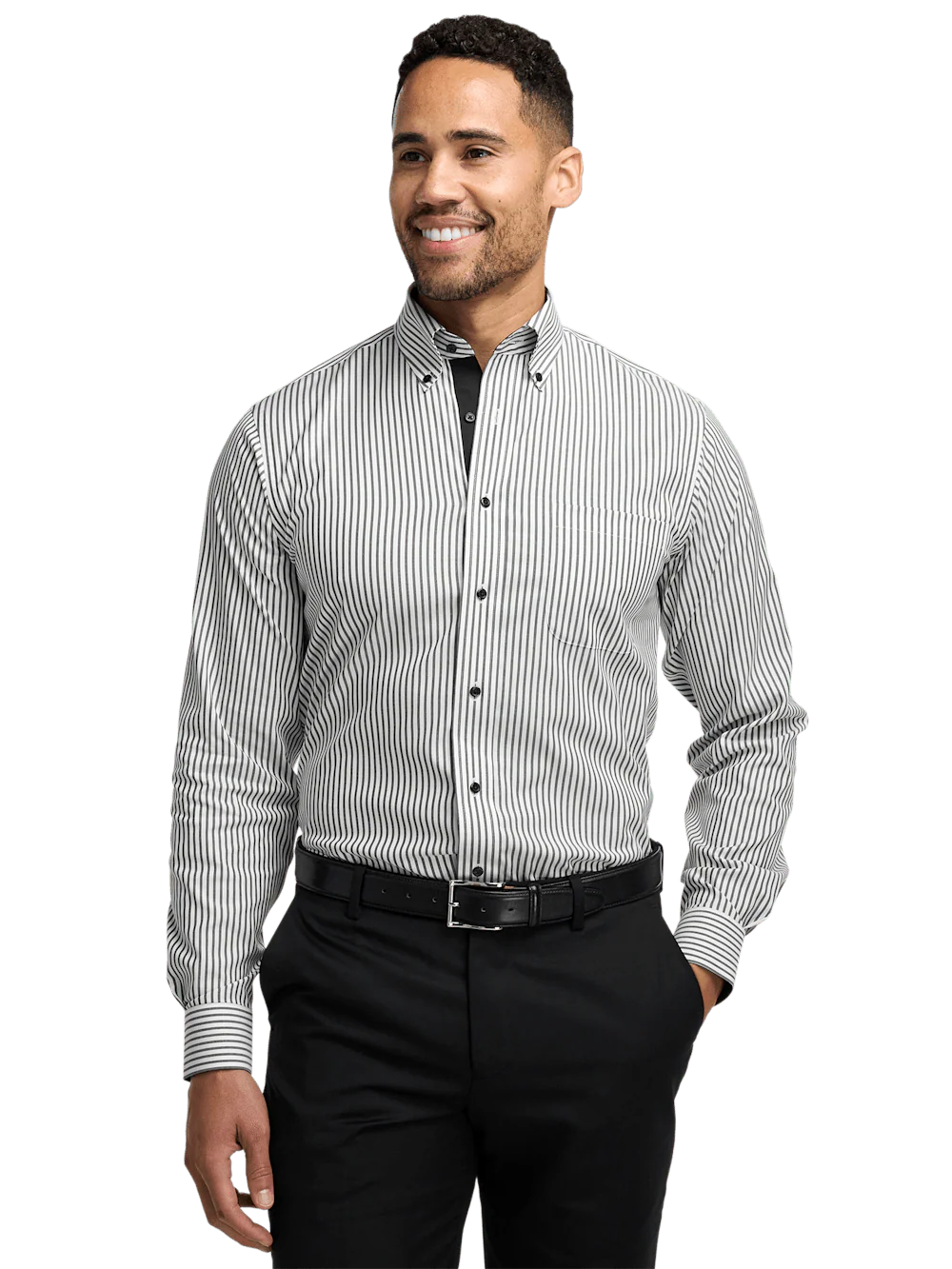 Comfort Stretch Non-Iron Stripe Dress Shirt With Contrast Trim - White/black - Image 2