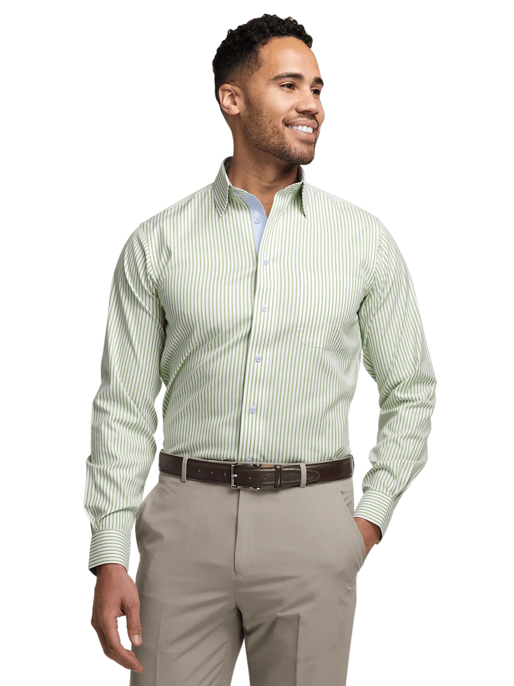 Comfort Stretch Non-Iron Stripe Dress Shirt With Contrast Trim - Green - Image 2