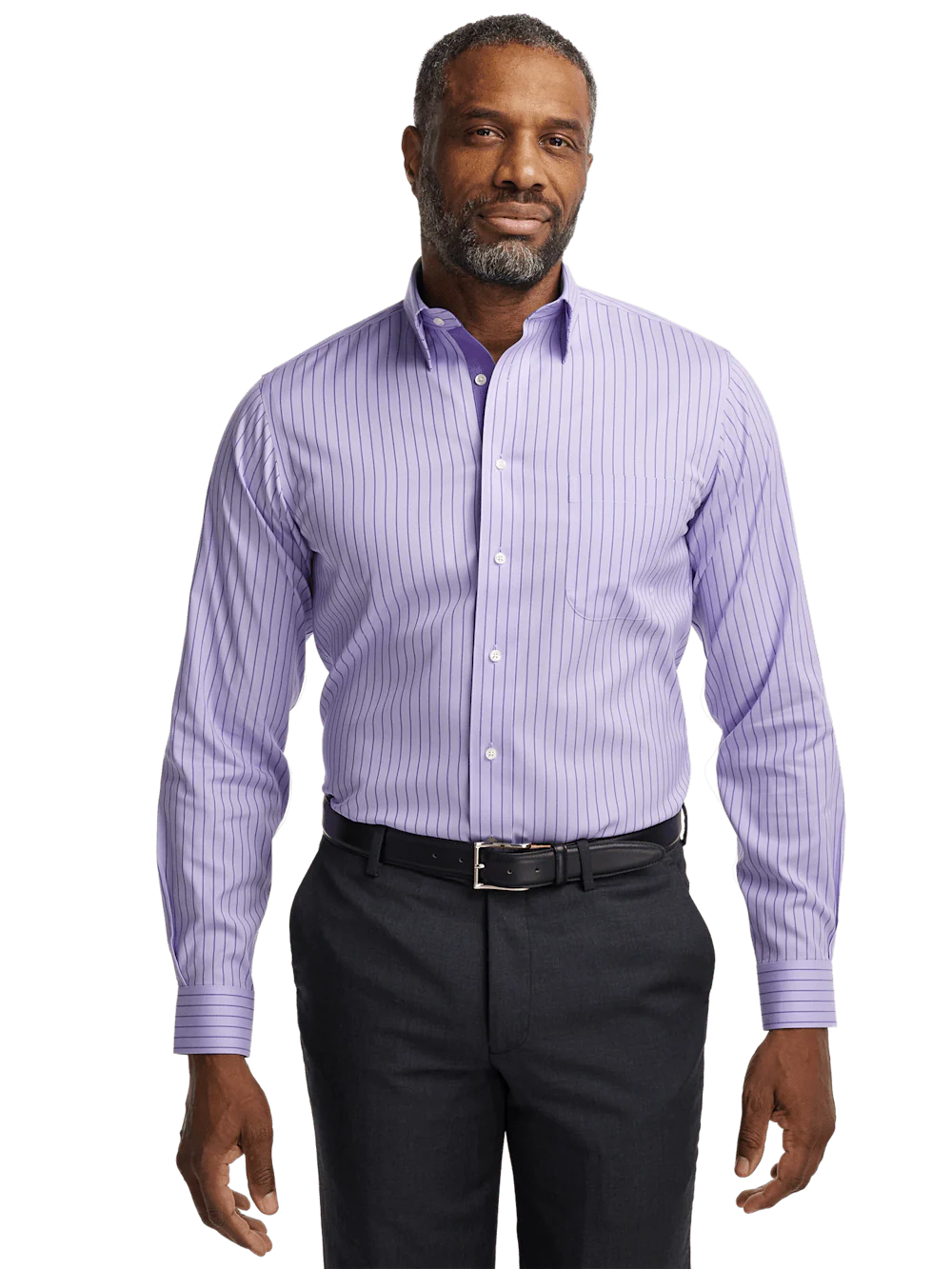 Comfort Stretch Non-Iron Stripe Dress Shirt With Contrast Trim - Purple - Image 2